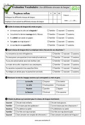 Les différents niveaux de langue - Examen Evaluation- Fiches QCM - Quiz : 6ème Harmos - PDF à imprimer