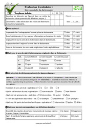 Lire un article de dictionnaire - Examen Evaluation- Fiches QCM - Quiz : 6ème Harmos - PDF à imprimer