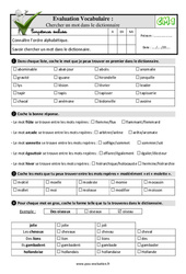 Chercher un mot dans le dictionnaire - Examen Evaluation- Fiches QCM - Quiz : 6ème Harmos - PDF à imprimer