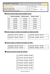 Encadrer et intercaler les nombres jusque 1 000 000 - Examen Evaluation- Fiches QCM - Quiz : 6ème Harmos - PDF à imprimer