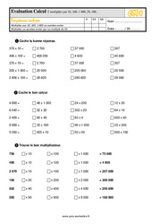 Multiplier par 10, 100, 1 000, 20, 300… - Examen Evaluation- Fiches QCM - Quiz  : 6ème Harmos - PDF à imprimer