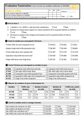 Lire et écrire les nombres inférieurs à 100 000 - Examen Evaluation- Fiches QCM - Quiz  : 6ème Harmos - PDF à imprimer