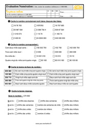 Lire, écrire les nombres inférieurs à 1 000 000 - Examen Evaluation- Fiches QCM - Quiz  : 7ème Harmos - PDF à imprimer