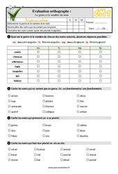 Le genre et le nombre du nom - Examen Evaluation- Fiches QCM - Quiz  : 6ème Harmos - PDF à imprimer