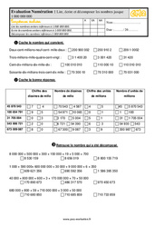 Lire, écrire et décomposer les nombres jusque 1 000 000 000 - Examen Evaluation- Fiches QCM - Quiz  : 7ème Harmos - PDF à imprimer