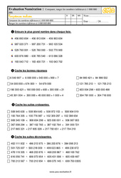 Leçon, exercice et évaluation :<br/> Comparer, ranger les nombres inférieurs à 1 000 000 000 - Examen Evaluation- Fiches QCM - Quiz  : 7ème Harmos - PDF à imprimer