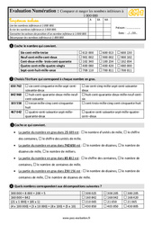 Comparer et ranger les nombres inférieurs à 1 000 000 - Examen Evaluation- Fiches QCM - Quiz  : 7ème Harmos - PDF à imprimer