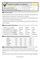 Les antonymes - Examen Evaluation- Fiches QCM - Quiz : 7ème Harmos - PDF à imprimer