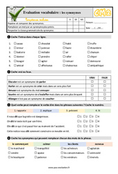 Les synonymes - Examen Evaluation- Fiches QCM - Quiz  : 5ème Harmos - PDF à imprimer