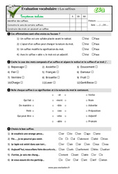 Les suffixes - Examen Evaluation- Fiches QCM - Quiz  : 5ème Harmos - PDF à imprimer