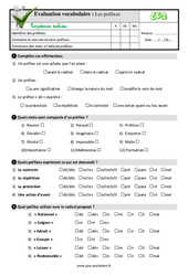 Les préfixes - Examen Evaluation- Fiches QCM - Quiz  : 5ème Harmos - PDF à imprimer