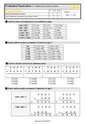 L’addition des nombres entiers - Examen Evaluation- Fiches QCM - Quiz  : 6ème Harmos - PDF à imprimer