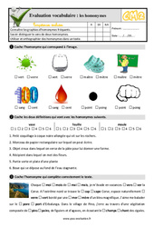 Les homonymes - Examen Evaluation- Fiches QCM - Quiz  : 7ème Harmos - PDF à imprimer