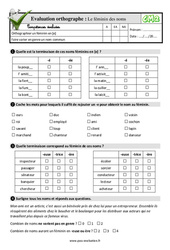 Le féminin des noms - Examen Evaluation- Fiches QCM - Quiz  : 7ème Harmos - PDF à imprimer