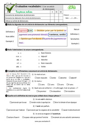 Lire un article de dictionnaire - Examen Evaluation- Fiches QCM - Quiz  : 5ème Harmos - PDF à imprimer