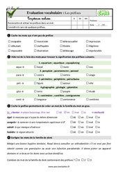 Les préfixes - Examen Evaluation- Fiches QCM - Quiz Familles de mots : 7ème Harmos - PDF à imprimer