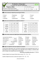 Le féminin des adjectifs qualificatifs - Examen Evaluation- Fiches QCM - Quiz  : 7ème Harmos - PDF à imprimer