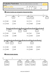 Placer des nombres décimaux sur une droite graduée - Examen Evaluation- Fiches QCM - Quiz  : 7ème Harmos - PDF à imprimer