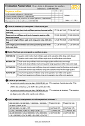 Lire, écrire et décomposer les nombres inférieurs à 1 000 000 000 - Examen Evaluation- Fiches QCM - Quiz  : 6ème Harmos - PDF à imprimer