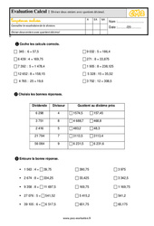 Diviser deux entiers avec quotient décimal - Examen Evaluation en calcul - Fiches QCM - Quiz  : 7ème Harmos - PDF à imprimer