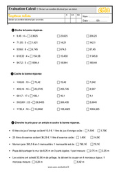 Diviser un nombre décimal par un entier - Examen Evaluation en calcul - Fiches QCM - Quiz  : 7ème Harmos - PDF à imprimer