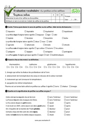 Le préfixes et les suffixes - Examen Evaluation- Fiches QCM - Quiz  : 7ème Harmos - PDF à imprimer