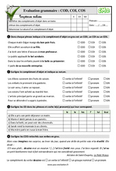 Les compléments d'objet - Fiches COD, COI, COS - Examen Evaluation- Fiches QCM - Quiz  : 7ème Harmos - PDF à imprimer