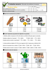 Résoudre des problèmes de monnaie - Examen Evaluation- Fiches QCM - Quiz  : 4ème Harmos - PDF à imprimer