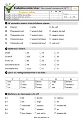 Lire et écrire les nombres de 0 à 79 - Examen Evaluation- Fiches QCM - Quiz : 4ème Harmos - PDF à imprimer