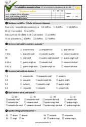 Lire et écrire les nombres de 0 à 99 - Examen Evaluation- Fiches QCM - Quiz : 4ème Harmos - PDF à imprimer