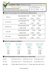 Additionner en ligne - Examen Evaluation- Fiches QCM - Quiz  : 4ème Harmos - PDF à imprimer