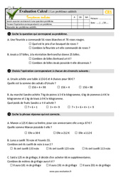 Les problèmes additifs - Examen Evaluation- Fiches QCM - Quiz  : 4ème Harmos - PDF à imprimer