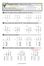 L’addition posée avec retenue - Examen Evaluation- Fiches QCM - Quiz  : 4ème Harmos - PDF à imprimer