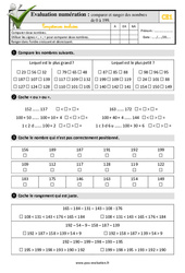 Comparer et ranger des nombres de 0 à 199 - Examen Evaluation- Fiches QCM - Quiz : 4ème Harmos - PDF à imprimer