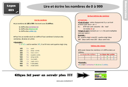 Bilan  - Lire et écrire les nombres de 0 à 999 - Examen Evaluation avec la correction : 5ème Harmos - PDF à imprimer