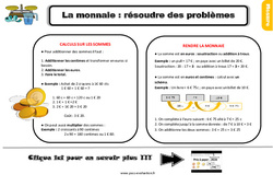 Bilan  - La monnaie - Fiches résoudre des problèmes - Examen Evaluation avec la correction : 5ème Harmos - PDF à imprimer