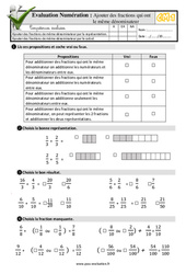 Ajouter des fractions qui ont le même dénominateur - Examen Evaluation- Fiches QCM - Quiz : 6ème Harmos - PDF à imprimer