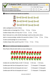 La division - Fiches partager ou grouper - Examen Evaluation- Fiches QCM - Quiz : 4ème Harmos - PDF à imprimer