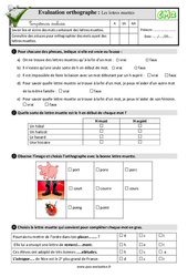 Les lettres muettes - Examen Evaluation- Fiches QCM - Quiz  : 7ème Harmos - PDF à imprimer