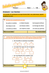 Identifier les constituants du Groupe nominal - Fiches nom, déterminant, adjectif, complément du nom - Examen Evaluation progressive avec la correction : 6ème Harmos - PDF à imprimer