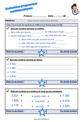 Lire et écrire les nombres en chiffres et en lettres jusqu’à 9 999 - Examen Evaluation progressive  : 5ème Harmos - PDF à imprimer