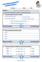 Lire et écrire les nombres en chiffres et en lettres jusqu’à 999 - Examen Evaluation progressive  : 5ème Harmos - PDF à imprimer