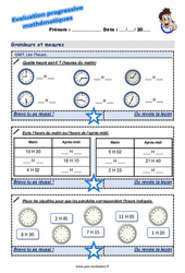 Lire l’heure - Examen Evaluation progressive  : 4ème Harmos - PDF à imprimer