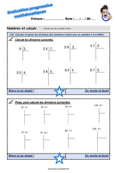 Calculer et poser les divisions des nombres entiers par un nombre à un chiffre - Examen Evaluation progressive  : 5ème Harmos - PDF à imprimer