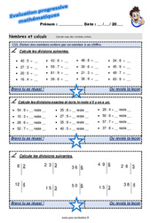 Diviser des nombres entiers par un nombre à un chiffre - Examen Evaluation progressive  : 5ème Harmos - PDF à imprimer