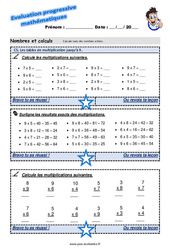 Les tables de multiplication jusqu’à 9 - Examen Evaluation progressive  : 5ème Harmos - PDF à imprimer