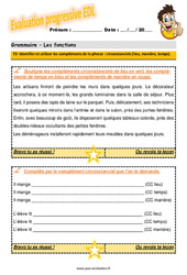 Identifier et utiliser les compléments de la phrase - Fiches circonstanciels (lieu, manière, temps) - Examen Evaluation progressive  avec la correction : 6ème Harmos - PDF à imprimer