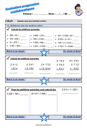 Additionner avec des nombres entiers - Examen Evaluation progressive : 6ème Harmos - PDF à imprimer