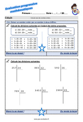 Diviser un nombre entier par un nombre à deux chiffres - Examen Evaluation progressive : 6ème Harmos - PDF à imprimer