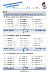 Les doubles et les moitiés, les triples et les tiers, les quadruples et les quarts - Examen Evaluation progressive : 6ème Harmos - PDF à imprimer